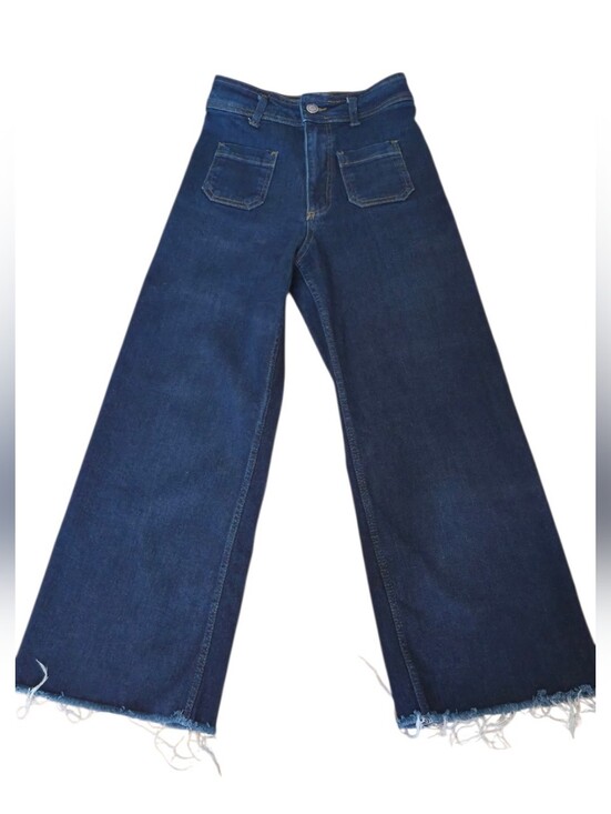 Zara Denim - Zara Cropped Wide Leg Jeans Women's Dark Wash Raw Hem High Rise Denim Size 2